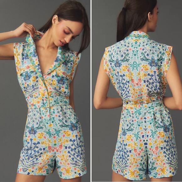 Ranna Gill at Anthropologie Sleeveless Collared Linen Romper Size Large NEW - Picture 1 of 10
